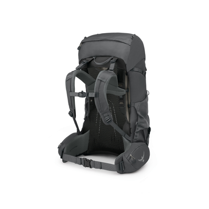Back view of Osprey Renn 65 Dark Charcoal Grey Wolf featuring tensioned mesh backpanel with breathable comfort design