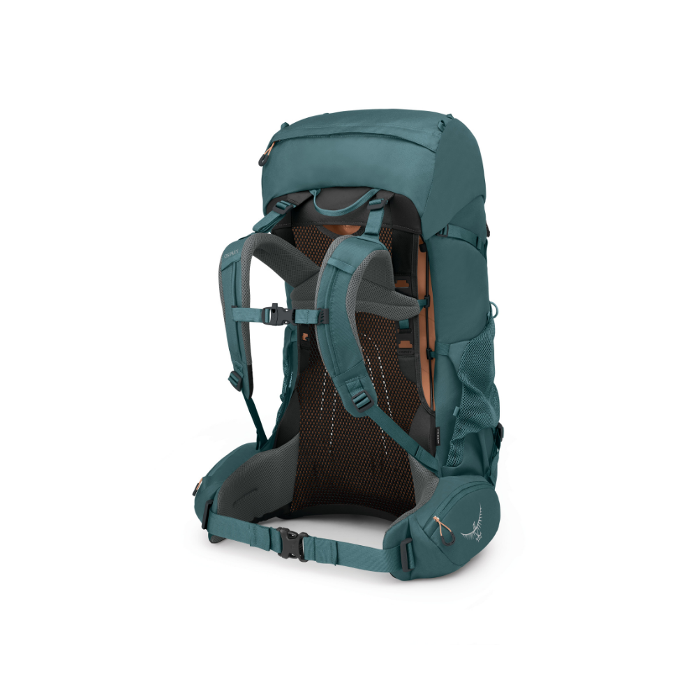 Back view of Osprey Renn 65 pack Cascade Blue/Melon Orange featuring female-engineered trampoline mesh and distinctive styling