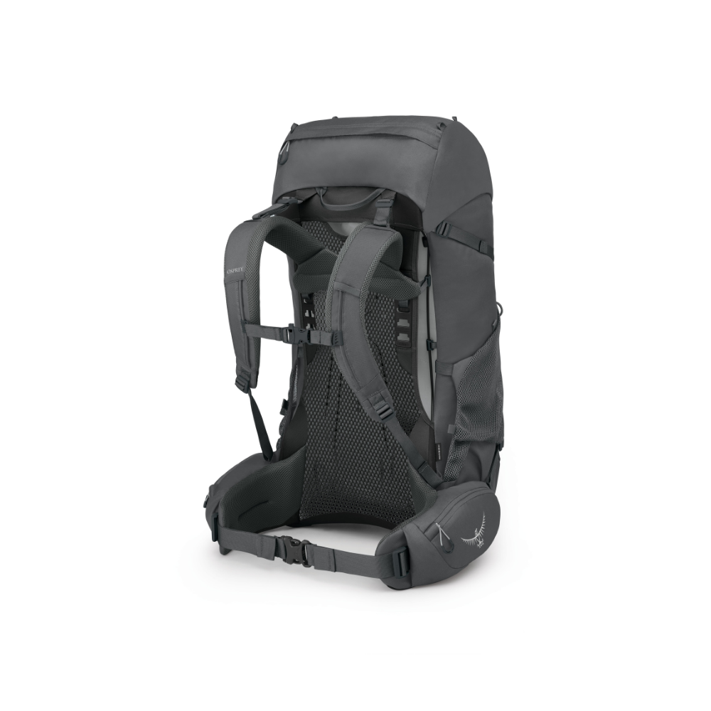 Back view of Osprey Rook 65 Dark Charcoal Silver Lining featuring tensioned mesh backpanel with breathable comfort design