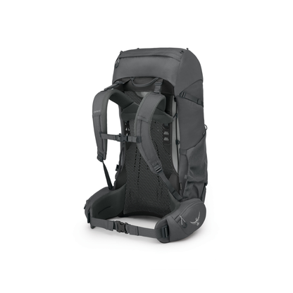 Back view of Osprey Rook 65 Dark Charcoal Silver Lining featuring tensioned mesh backpanel with breathable comfort design