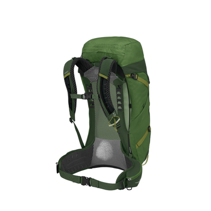 Back view of Osprey Stratos 44 pack Seaweed Green featuring 3D-tensioned mesh panel and molded ladder adjustment system