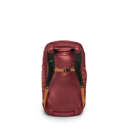 Back view of Osprey Transporter 65 Red Mountain featuring padded backpack mode with expedition comfort system