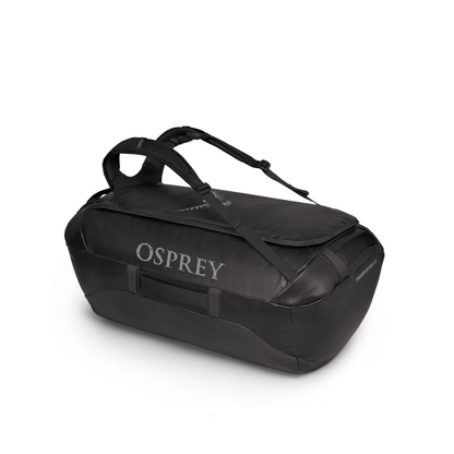 Back view of Osprey Transporter 95 Black featuring padded backpack mode with maximum capacity comfort system