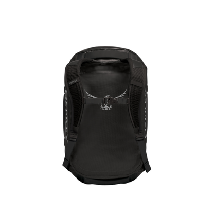 Back view of Osprey Transporter Duffel 40 Black featuring padded backpack mode with professional expedition comfort