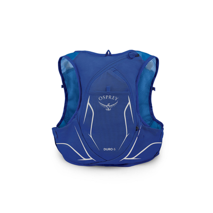 Back view of Osprey hydration pack Duro 6 Blue Sky featuring direct-zip access and trekking pole attachment points