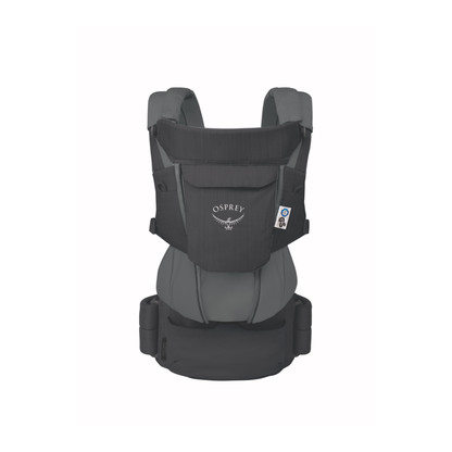 Black and gray Osprey baby carrier on a white background