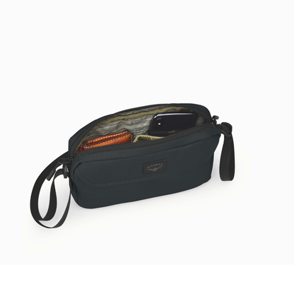 Black crossbody bag with a strap on a white background