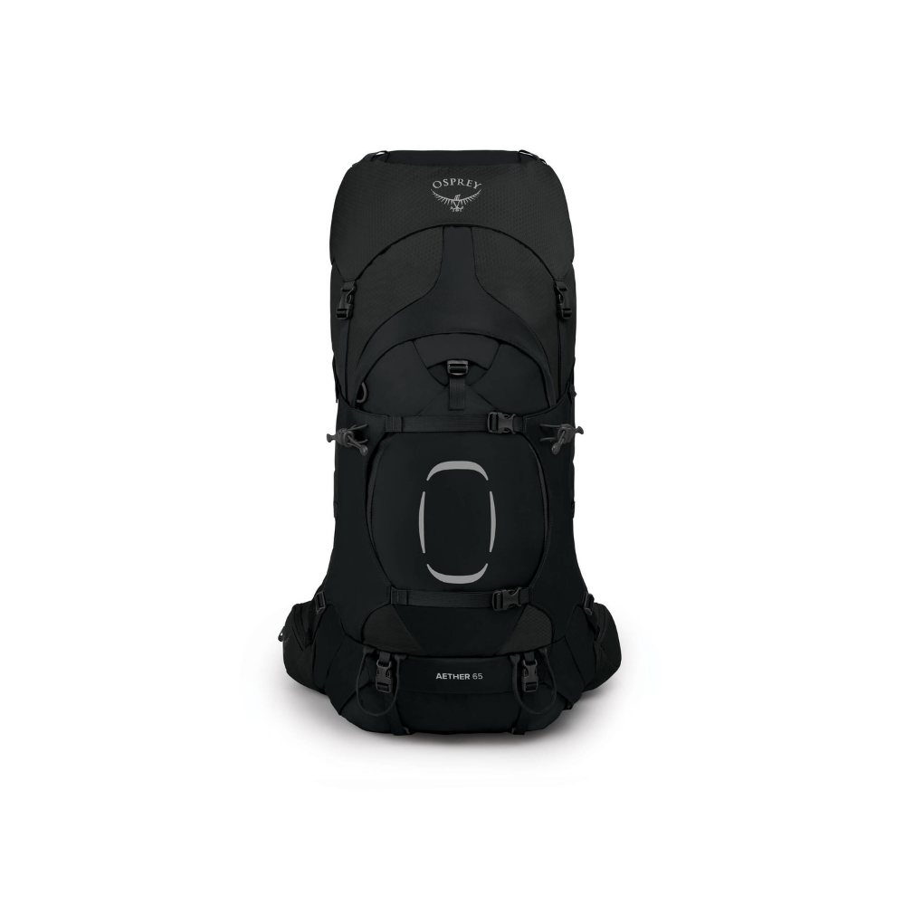 Front view of Osprey Aether 65 expedition backpack Black showing Custom Fit-on-the-Fly technology and heavy-duty construction
