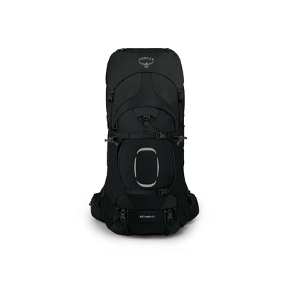 Front view of Osprey Aether 65 expedition backpack Black showing Custom Fit-on-the-Fly technology and heavy-duty construction