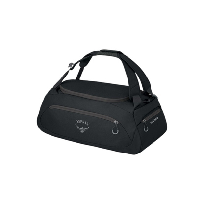 Front view of Osprey Daylite Duffel 30 black showing convertible harness system and U-zip main access