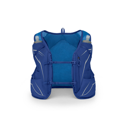 Front view of Osprey Duro 6 hydration pack Blue Sky showing multiple front pockets and chest strap system