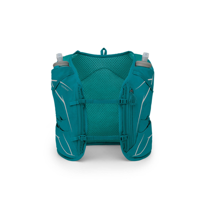 Front view of Osprey Dyna 6 hydration vest Verdant Green showing women's-specific chest strap design and multiple front pockets