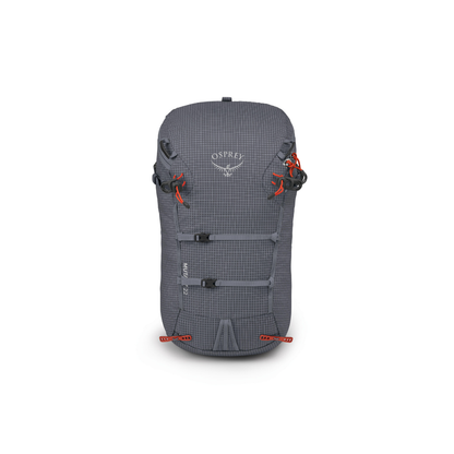 Front view of Osprey Mutant 22 Tungsten Grey showing technical alpine construction and professional climbing features