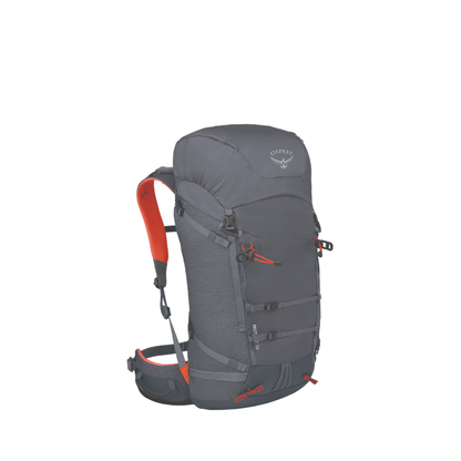 Front view of Osprey Mutant 38 technical backpack Tungsten Grey showing dual ToolLock ice axe attachment systems and climbing features
