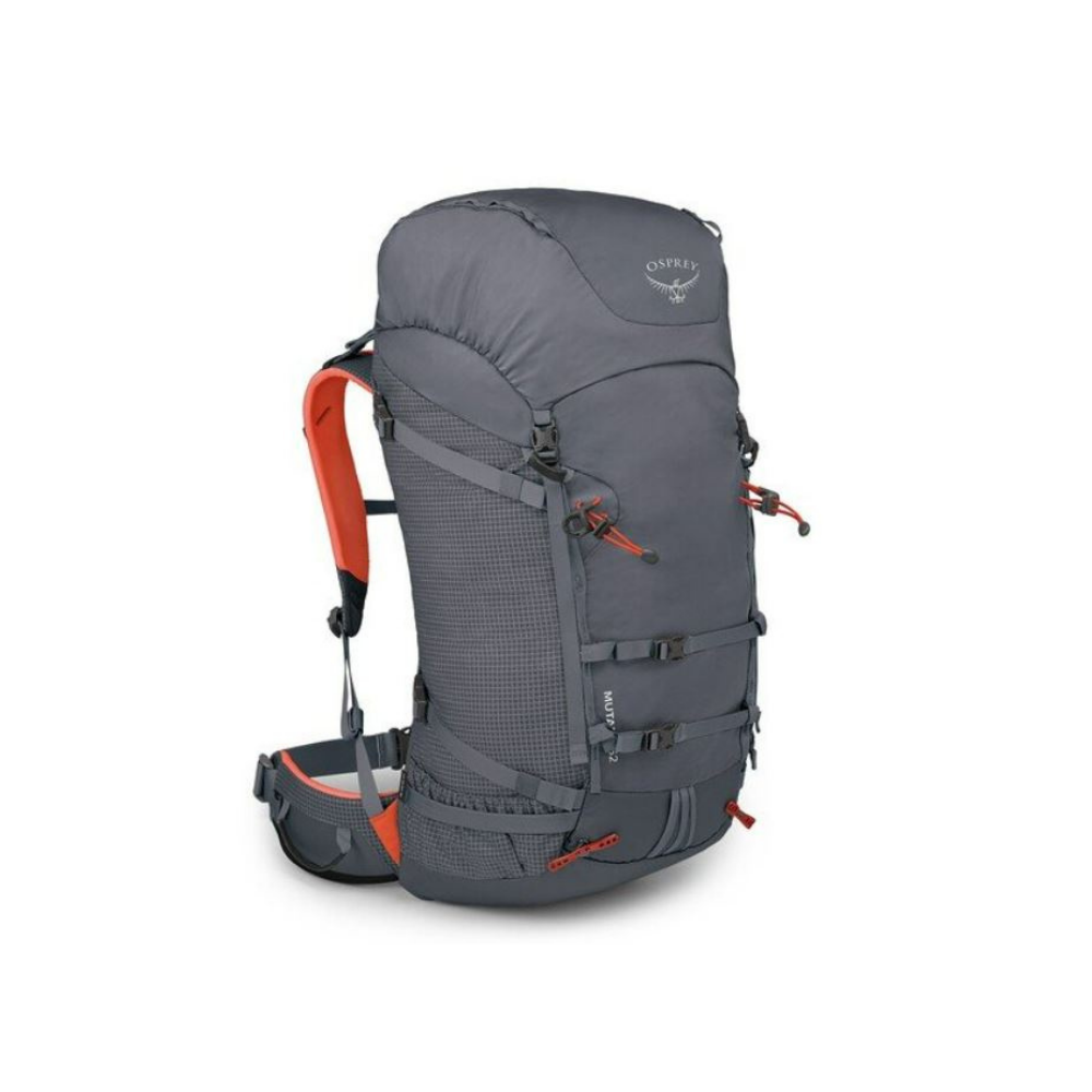 Front view of Osprey Mutant 52 expedition backpack Tungsten Grey showing dual ToolLock systems and alpine climbing attachment features
