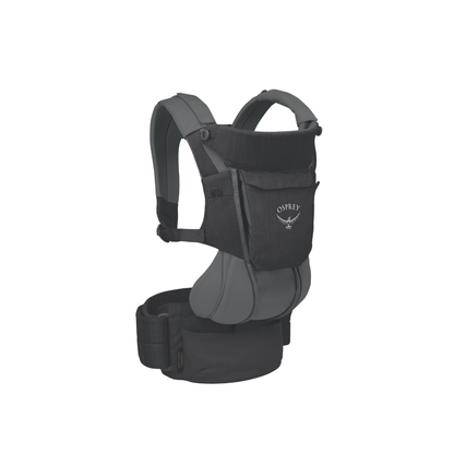 Front view of Osprey Poco Soft Child Carrier LT Black showing lightweight frameless construction and baby carrier features