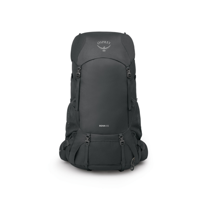 Front view of Osprey Renn 65 Dark Charcoal Grey Wolf showing women's-specific construction and professional hiking features