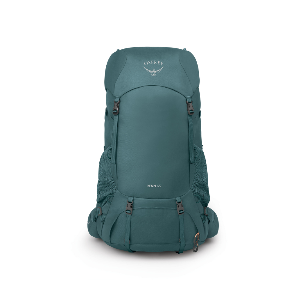 Front view of Osprey Renn 65 women's entry backpack Cascade Blue/Melon Orange showing AirSpeed suspension and vibrant colorway