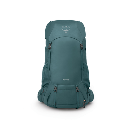 Front view of Osprey Renn 65 women's entry backpack Cascade Blue/Melon Orange showing AirSpeed suspension and vibrant colorway