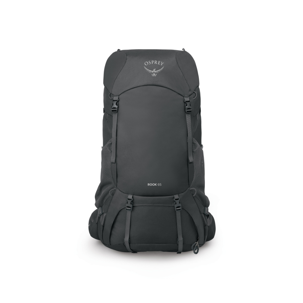Front view of Osprey Rook 65 Dark Charcoal Silver Lining showing men's construction and professional hiking features