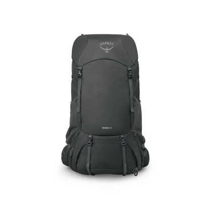 Front view of Osprey Rook 65 Dark Charcoal Silver Lining showing men's construction and professional hiking features