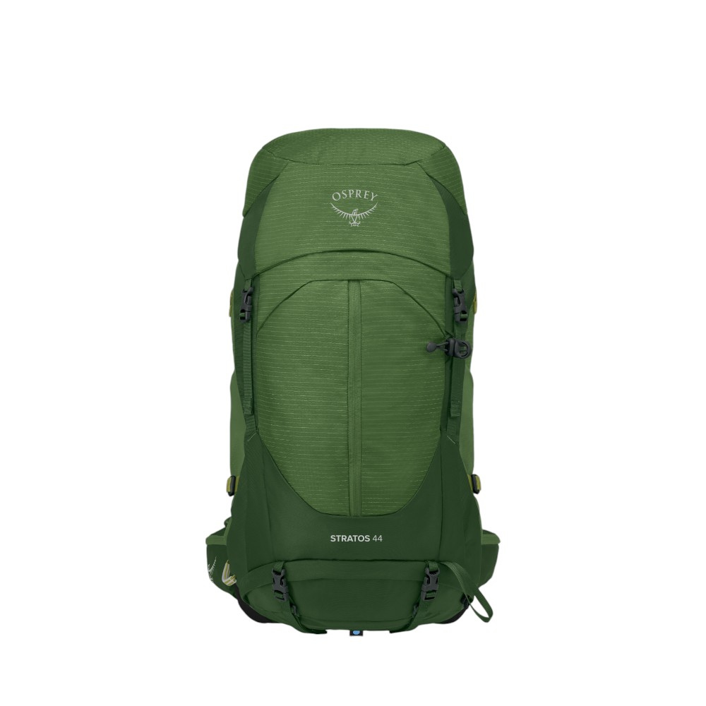 Front view of Osprey Stratos 44 hiking backpack Seaweed Matcha Green showing enhanced AirSpeed ventilation and technical features