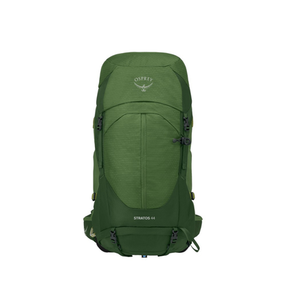 Front view of Osprey Stratos 44 hiking backpack Seaweed Matcha Green showing enhanced AirSpeed ventilation and technical features
