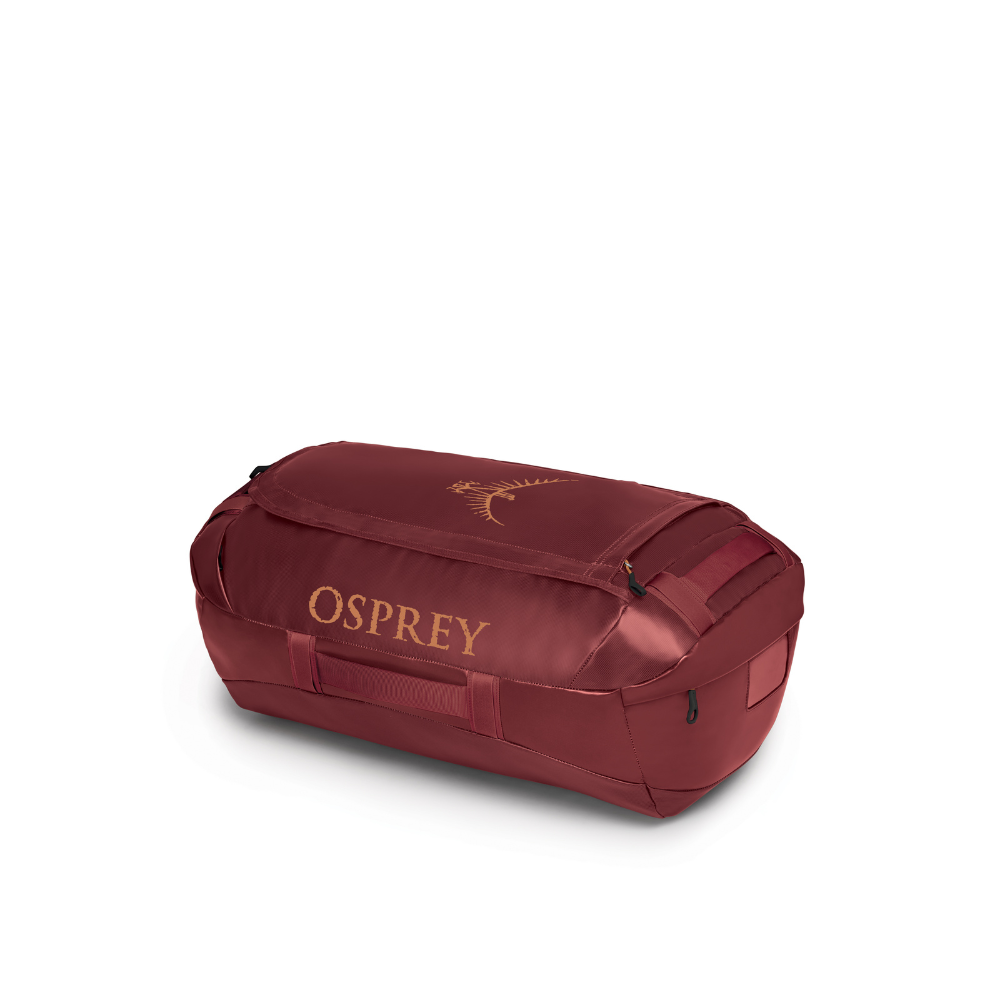 Front view of Osprey Transporter 65 Red Mountain showing extended expedition capacity and NanoTough construction