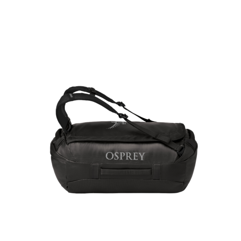 Front view of Osprey Transporter Duffel 40 Black showing professional stealth design and expedition-grade construction