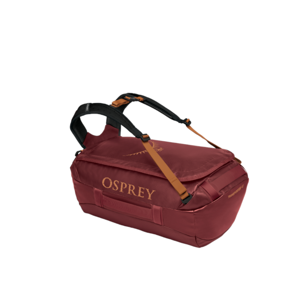 Front view of Osprey Transporter Duffel 40 Red Mountain showing expedition-grade construction and weather-resistant design
