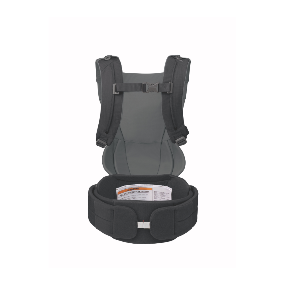 Gray baby carrier with black straps on a white background