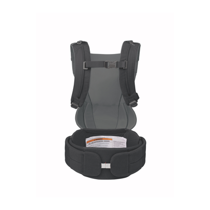 Gray baby carrier with black straps on a white background