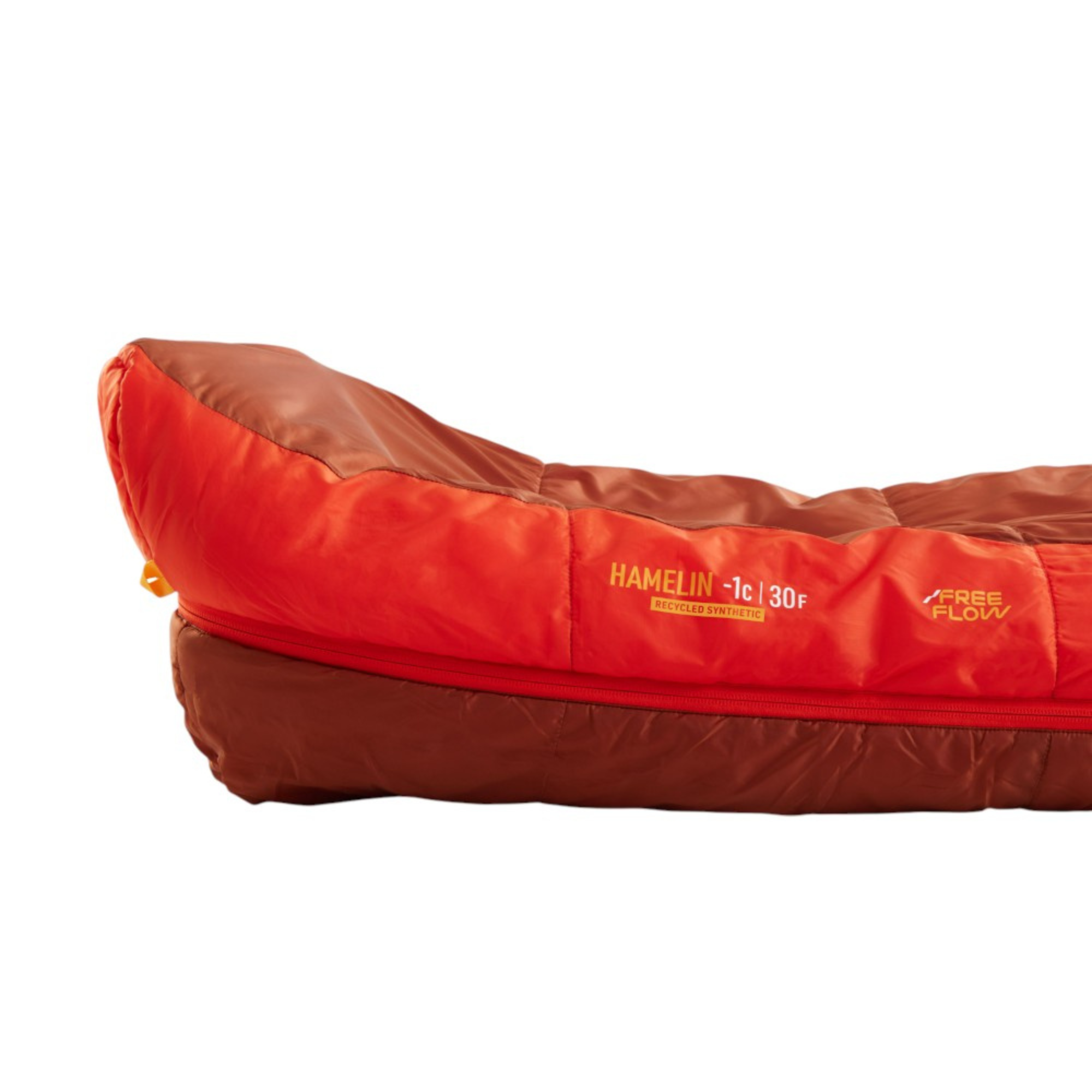 Orange and brown sleeping bag with visible branding on a white background