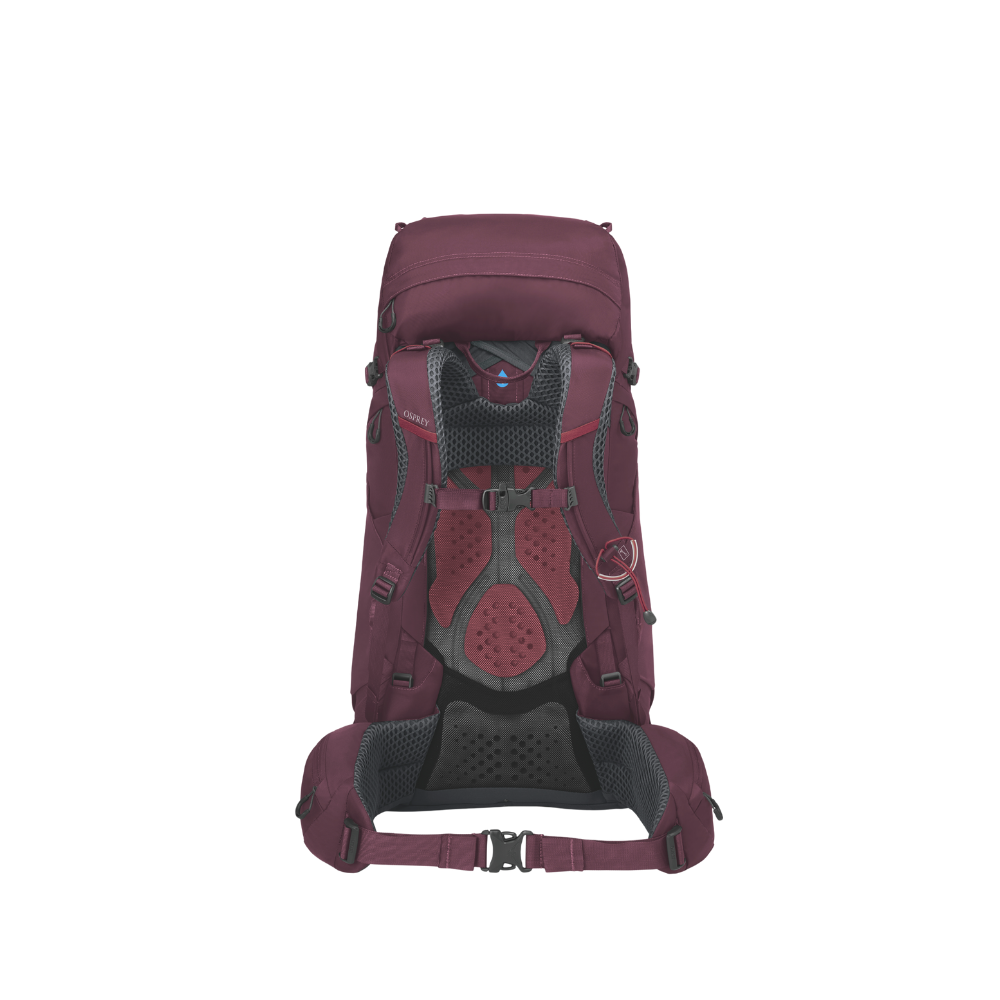 Maroon hiking backpack on a white background