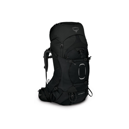 Side profile of Osprey Aether 65 Black displaying AirScape suspension system and 60-pound load-carrying capability