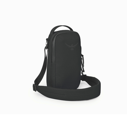 Side profile of Osprey Archeon Pouch black displaying expandable 3L capacity and YKK zipper system