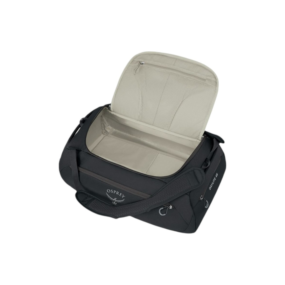 Side profile of Osprey Daylite Duffel 45 black displaying extended 45L capacity and structured bottom protection