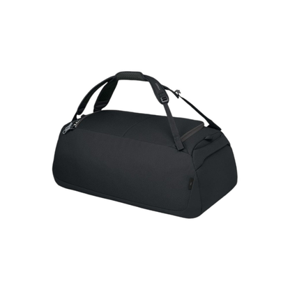Side profile of Osprey Daylite Duffel 60 black displaying 60L capacity and structured bottom protection
