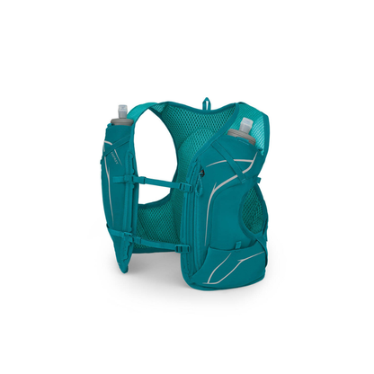 Side profile of Osprey Dyna 1.5 hydration vest Verdant Green displaying women's contoured design and reservoir compartment