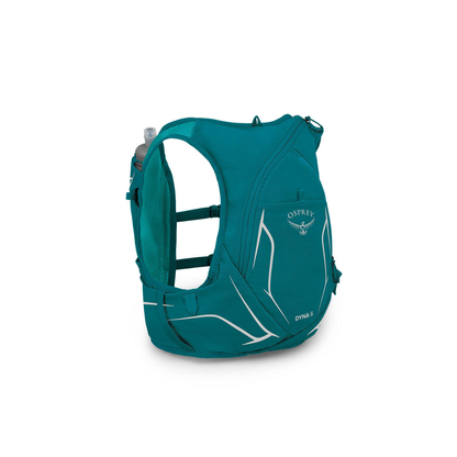 Side profile of Osprey Dyna 6 Verdant Green hydration pack displaying women's racerback construction and 6L storage capacity