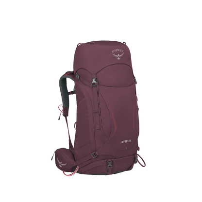 Side profile of Osprey Kyte 48 Elderberry Purple displaying women's AirScape suspension and elegant natural purple styling