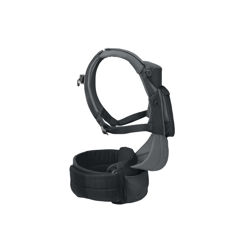 Side profile of Osprey Poco Soft Child Carrier LT Black displaying extra-wide padded hipbelt and ergonomic design