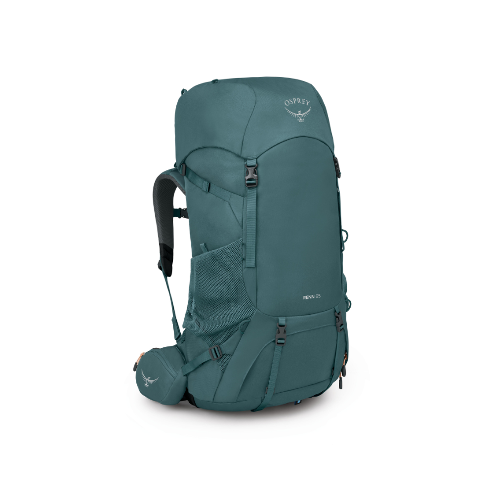 Side profile of Osprey Renn 65 Cascade Blue/Orange displaying women's-specific design and natural-inspired color combination