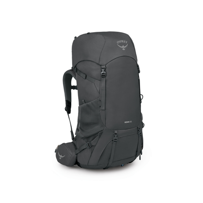 Side profile of Osprey Renn 65 Dark Charcoal Grey Wolf displaying AirSpeed ventilation system and 65L capacity