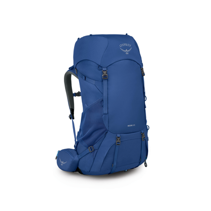Side profile of Osprey Rook 65 Astrology Blue Blue Flame displaying AirSpeed trampoline ventilation system and 65L capacity