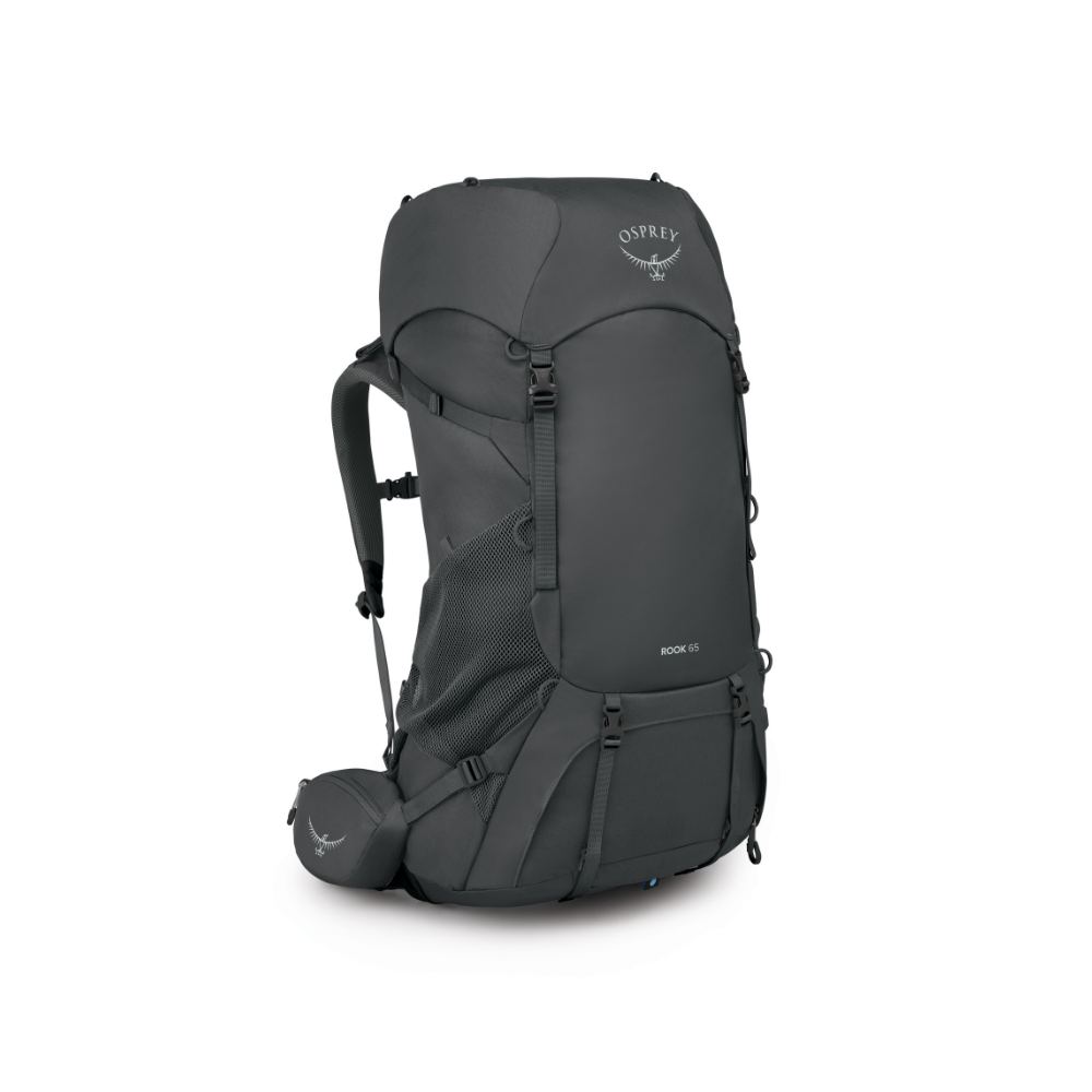 Side profile of Osprey Rook 65 Dark Charcoal Silver Lining displaying AirSpeed trampoline ventilation system and 65L capacity