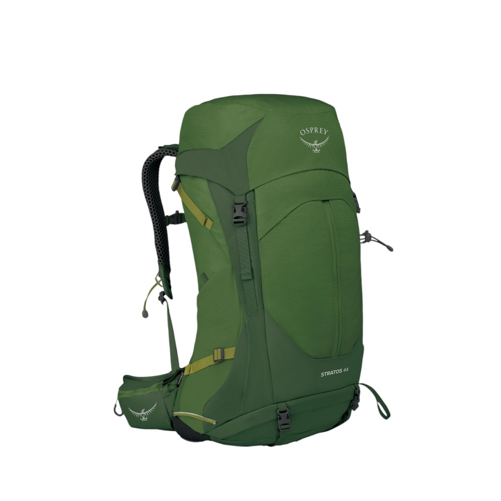 Side profile of Osprey Stratos 44 Seaweed Green displaying 44L overnight capacity and injection-molded suspension system