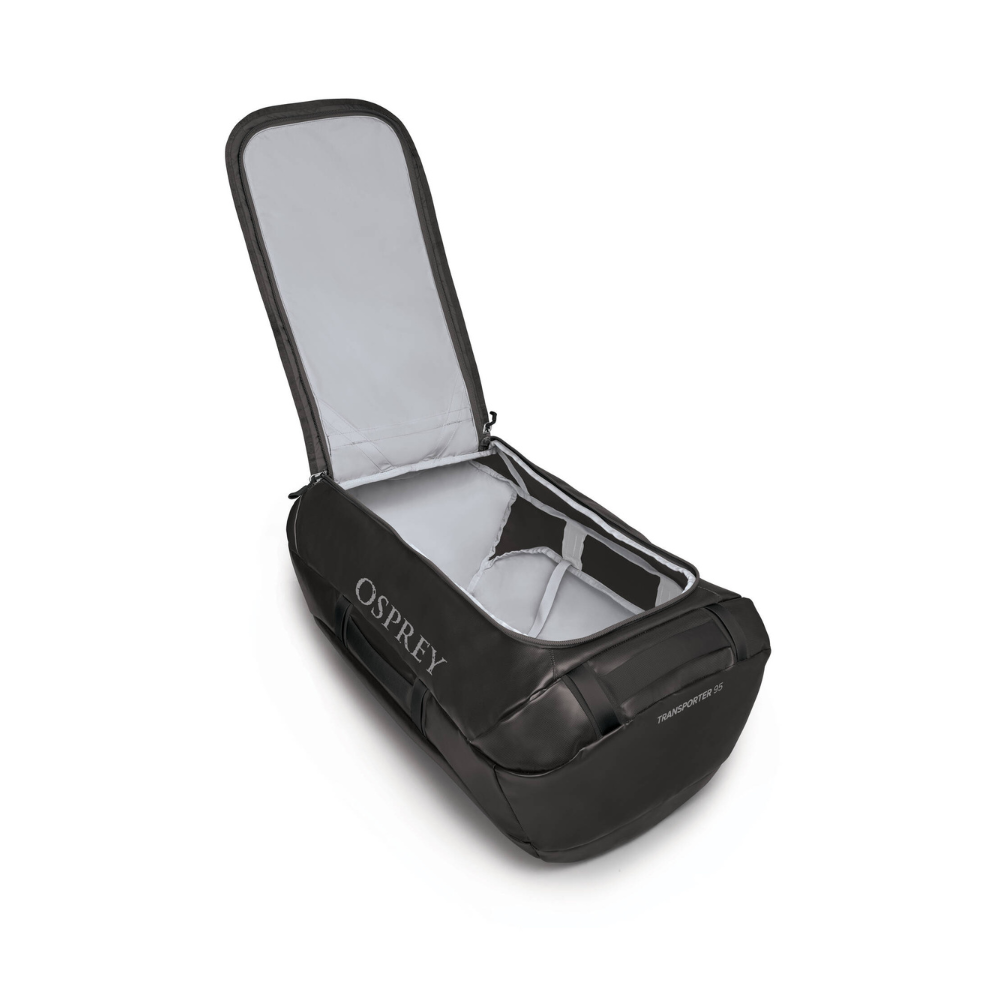 Side profile of Osprey Transporter 95 Black displaying award-winning stowaway harness system and tactical 95L storage capacity