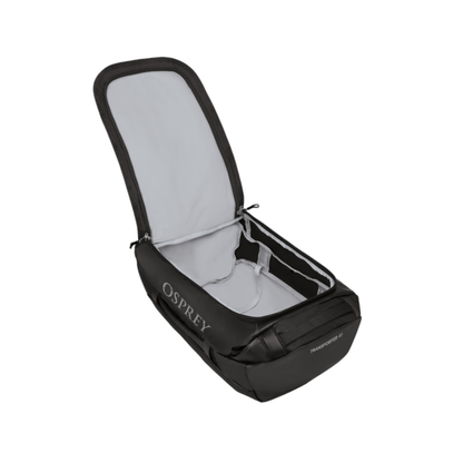 Side profile of Osprey Transporter Duffel 40 Black displaying tactical hideaway harness system and optimal 40L capacity