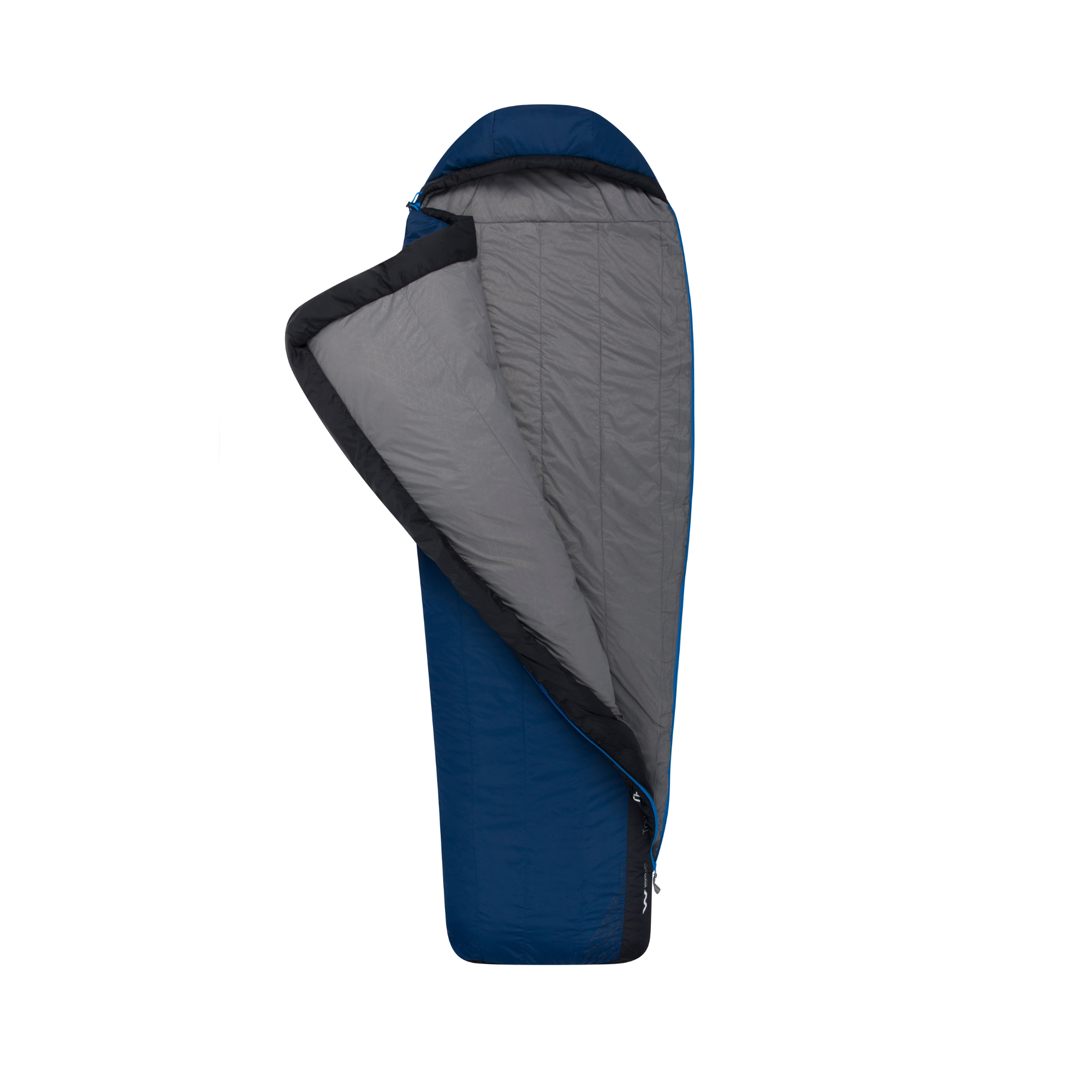 Blue and gray sleeping bag on a white background